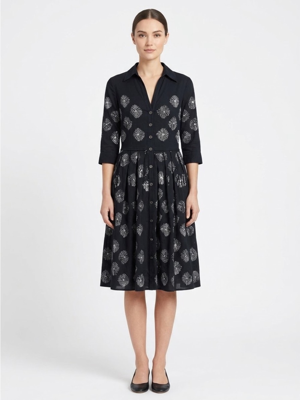 Samantha Sung Collared Shirt Dress Midi Cotton Silk Navy Blue White Size 6